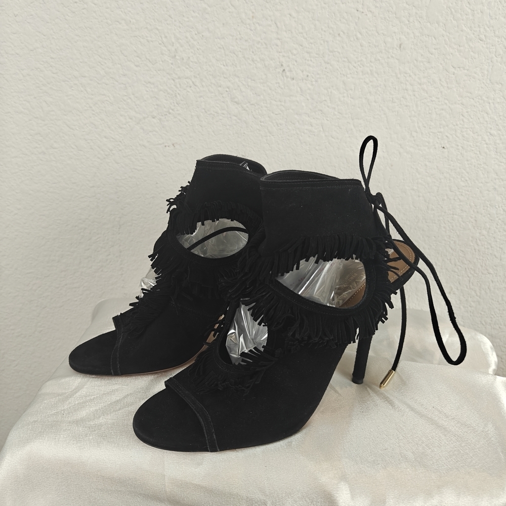 Aquazzura Sexy Fringe 105 Black Suede Cutout Sandal Heels 37.5/7.5 Women's - Picture 2 of 15